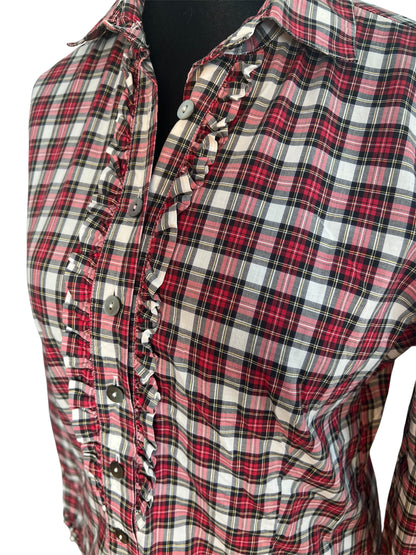 Vintage Bluse B.M. Company Gr. 38 – Dark Academic / Preppy Kariert Rot-Schwarz-Weiß Rüschen