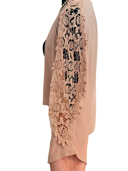 My Hollys Cardigan 36 38 Nude Beige Rosa Spitze Transparent Langarm S M Lace Open Front Sommer Layering Festlich