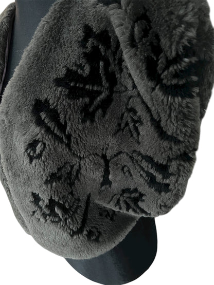 Vintage Kunstfell Weste Made in France – Dunkelgrau Schwarz Muster Bolero Oversized 38–42