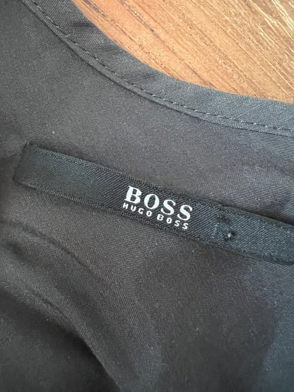 Hugo Boss Kleid Schwarz Braun Gemustert Gr M 38 40 Sommerkleid Bindegürtel Schalkragen Midi Elegant