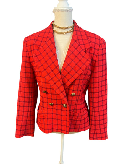 Vintage Guy Laroche Blazer – Rot kariert, Gold-Knöpfe, Gr. 38/40, Wool Statement Piece