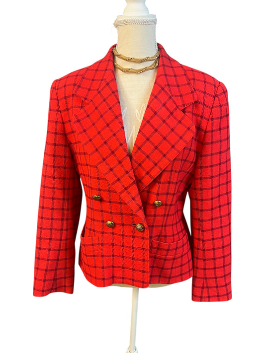 Vintage Guy Laroche Blazer – Rot kariert, Gold-Knöpfe, Gr. 38/40, Wool Statement Piece