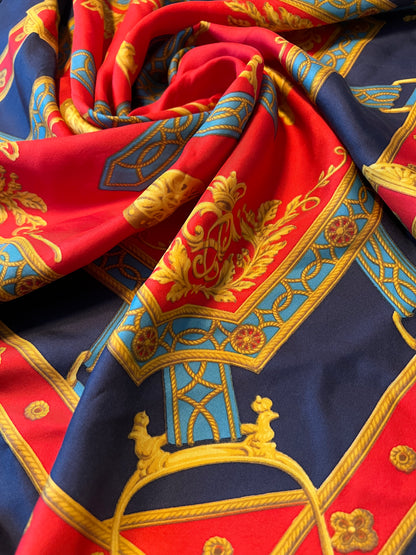 Vintage Hemley Seidentuch dunkelblau gold rot Muster Steigbügel Equestrian 75x75 Seide 90s