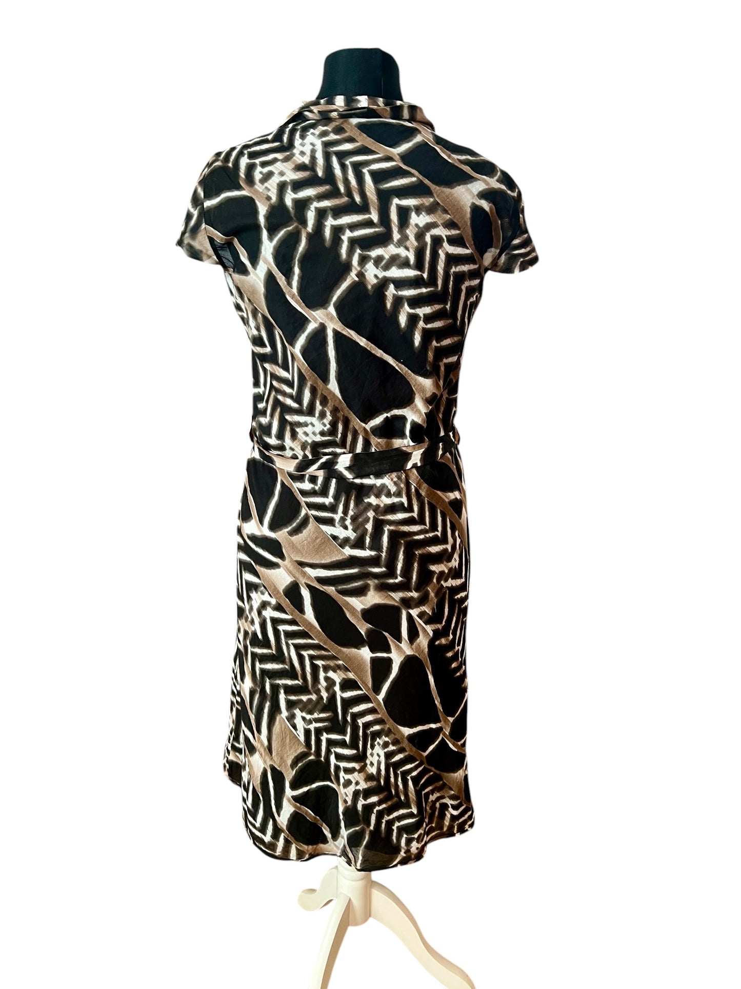 Hugo Boss Kleid Schwarz Braun Gemustert Gr M 38 40 Sommerkleid Bindegürtel Schalkragen Midi Elegant