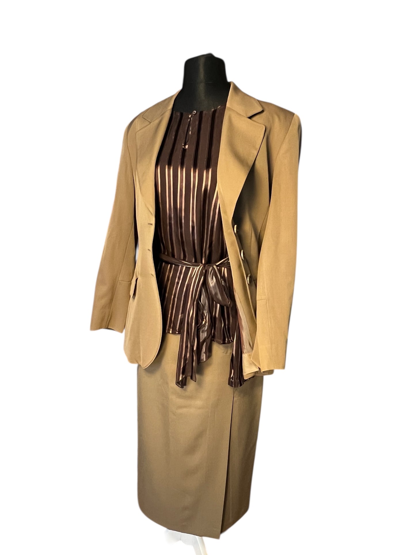 Vintage Blunauta Bluse Seide & Viskose – Ital. 46 (DE 38/40) – Braun Gold Gestreift – Made in Italy