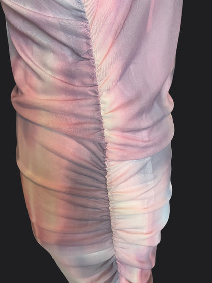 Y2K Mesh Maxikleid Pastell transparent langarm drapiert Stretch Festival Fairy Gr. M L 40 42