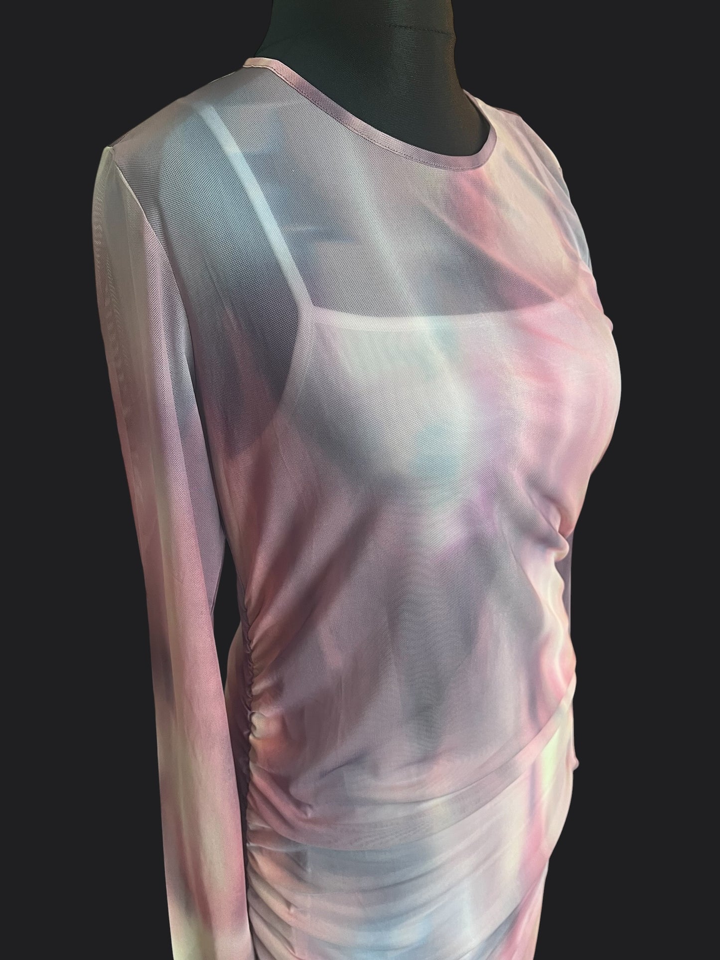 Y2K Mesh Maxikleid Pastell transparent langarm drapiert Stretch Festival Fairy Gr. M L 40 42