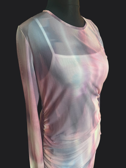Y2K Mesh Maxikleid Pastell transparent langarm drapiert Stretch Festival Fairy Gr. M L 40 42