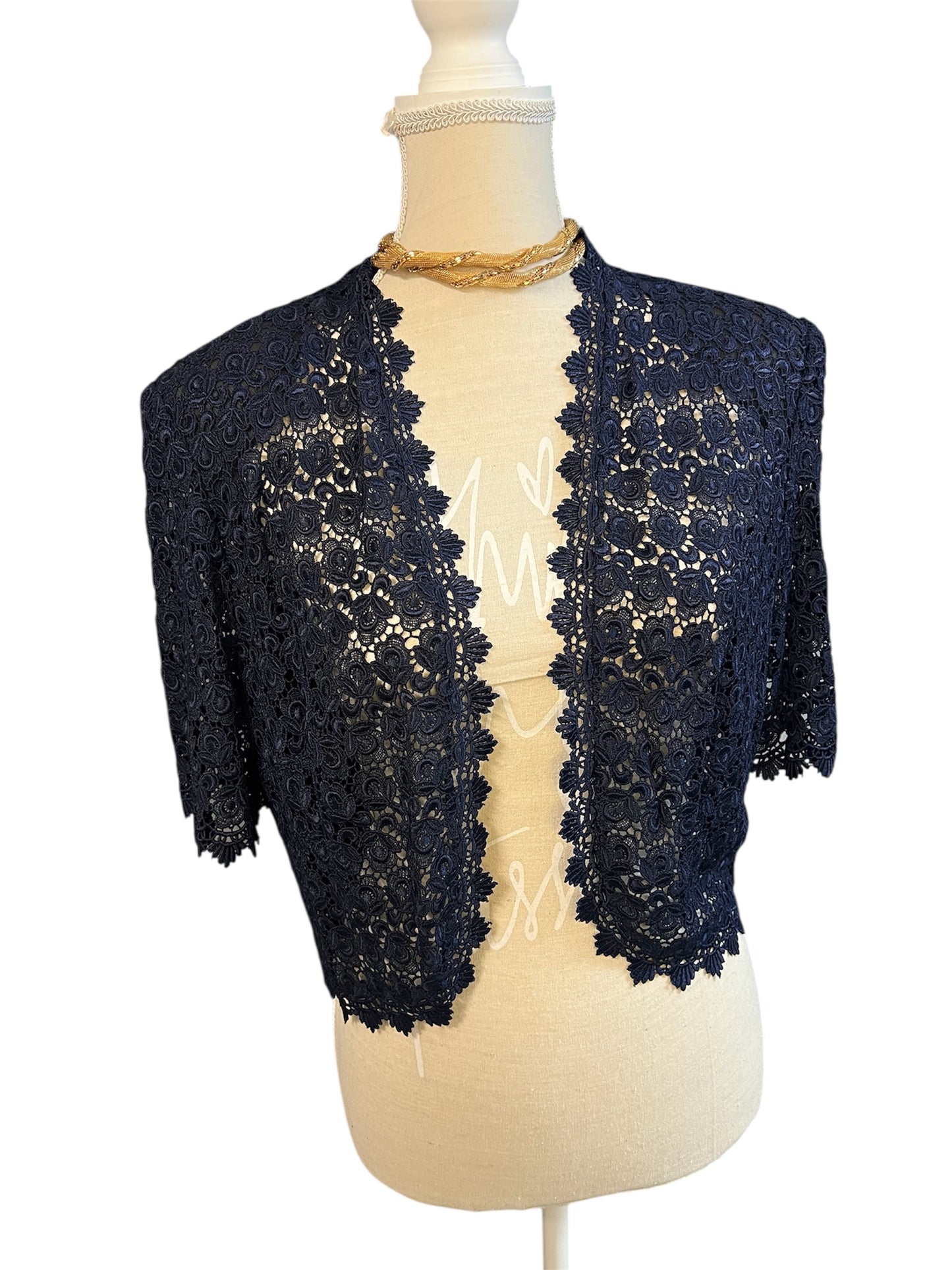 Vintage Spitzen Bolero dunkelblau – 90s Y2K Lace Jäckchen – Italien – Gr. 38/40
