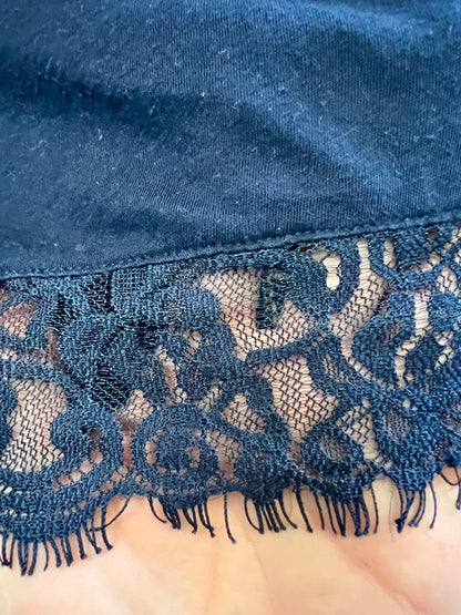 Vintage Spitzen Top dunkelblau – 90s Y2K Spaghettiträger – Lace Jersey – Gr. 38/40