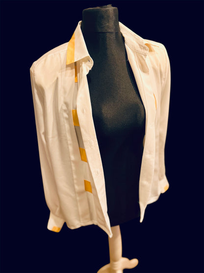 Vintage Alexander Bluse Gr. 42 | Weiß mit Gelben Details & Goldknöpfen | 80s Retro Statement Piece