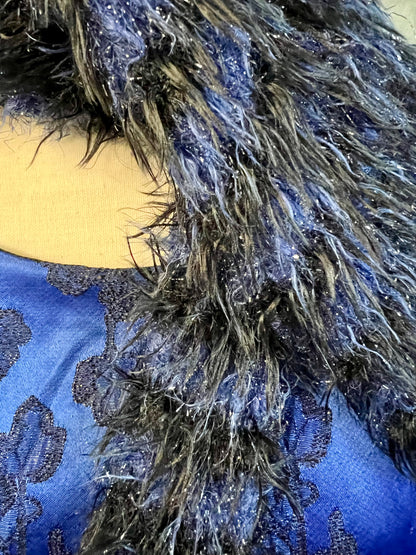 Vintage Abendkleid + Stola Midi blau schwarz 36 38 | Satinlook mit Glitzerstickerei | figurbetont | 90er Y2K Festkleid