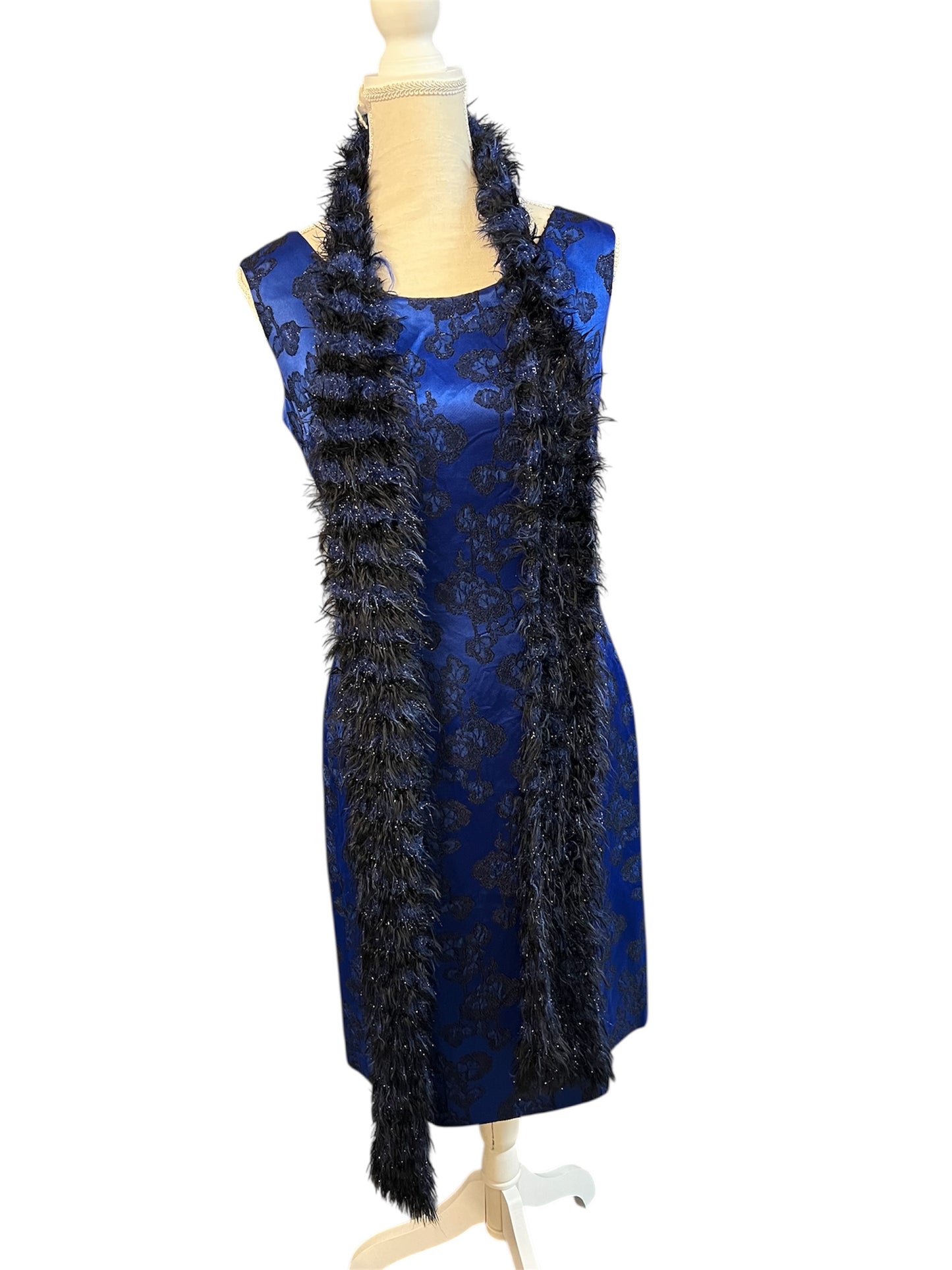 Vintage Abendkleid + Stola Midi blau schwarz 36 38 | Satinlook mit Glitzerstickerei | figurbetont | 90er Y2K Festkleid