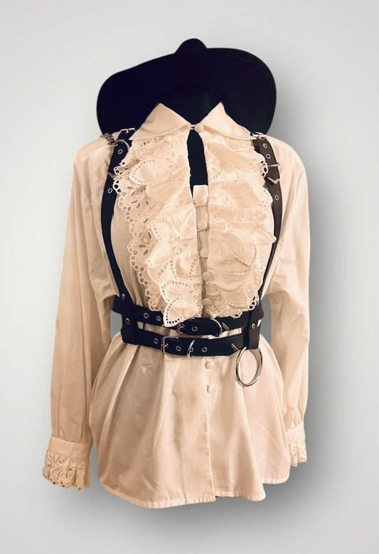 Vintage Bluse Weiß • Gr. 38- 42 • Spitze & Stoffknöpfe • 80er/90er • Gothic Dark