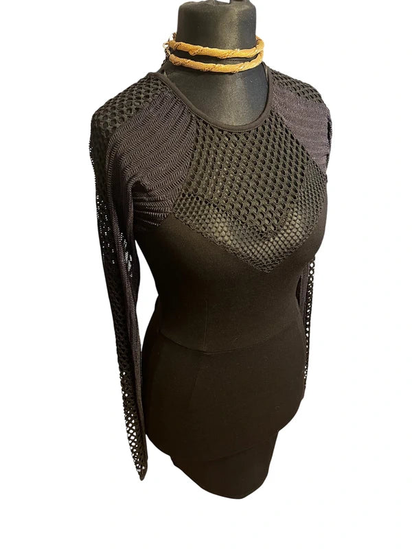 Sexy Mini Kleid XS 34 schwarz Cool Cat Mesh Netzärmel Gothic Y2K Party Darkfashion