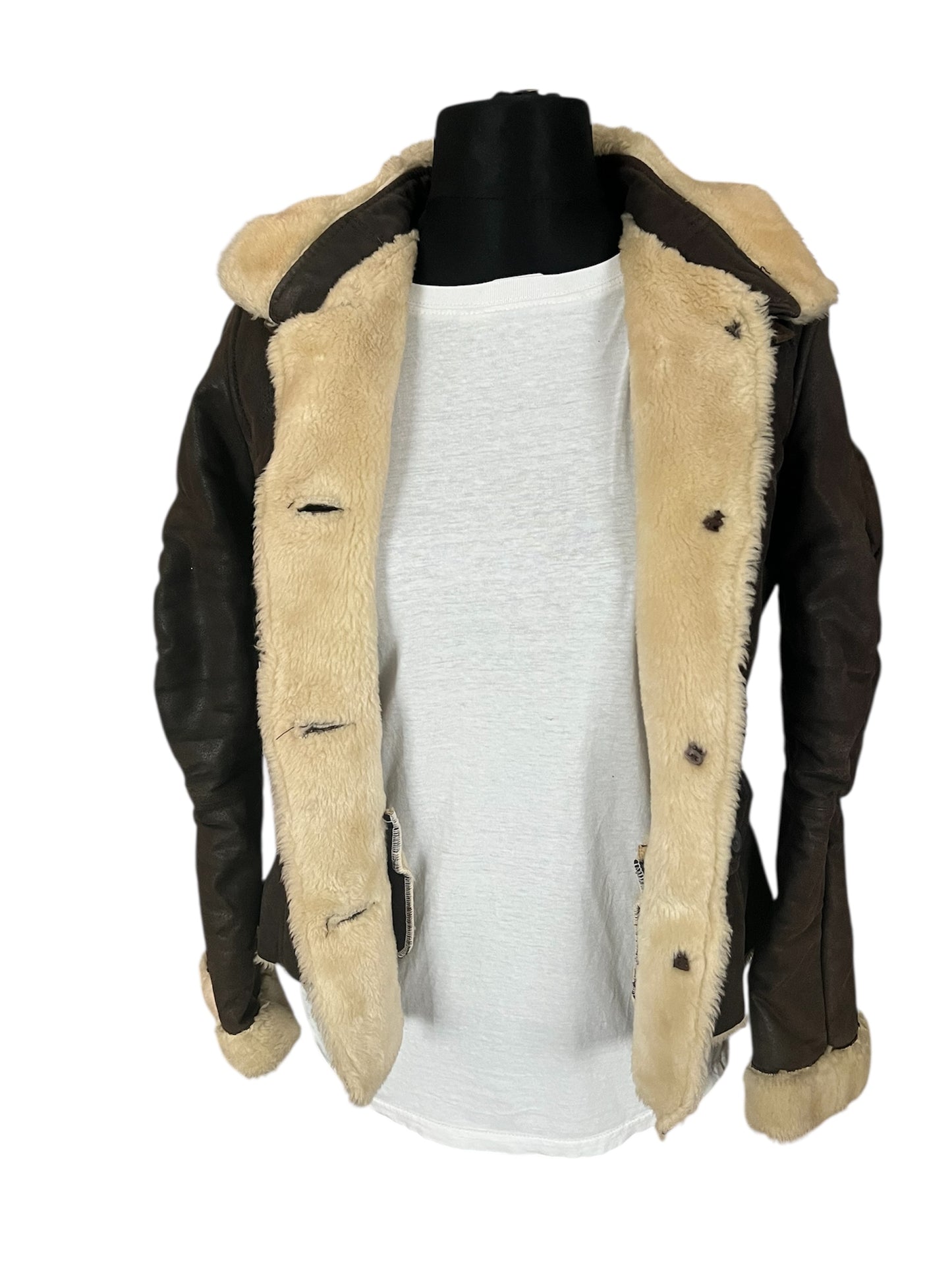 True Vintage Lederjacke XS/34 Braun Teddyfell Pilotenjacke Made in Italy 80s