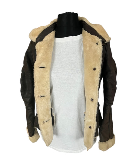 True Vintage Lederjacke XS/34 Braun Teddyfell Pilotenjacke Made in Italy 80s