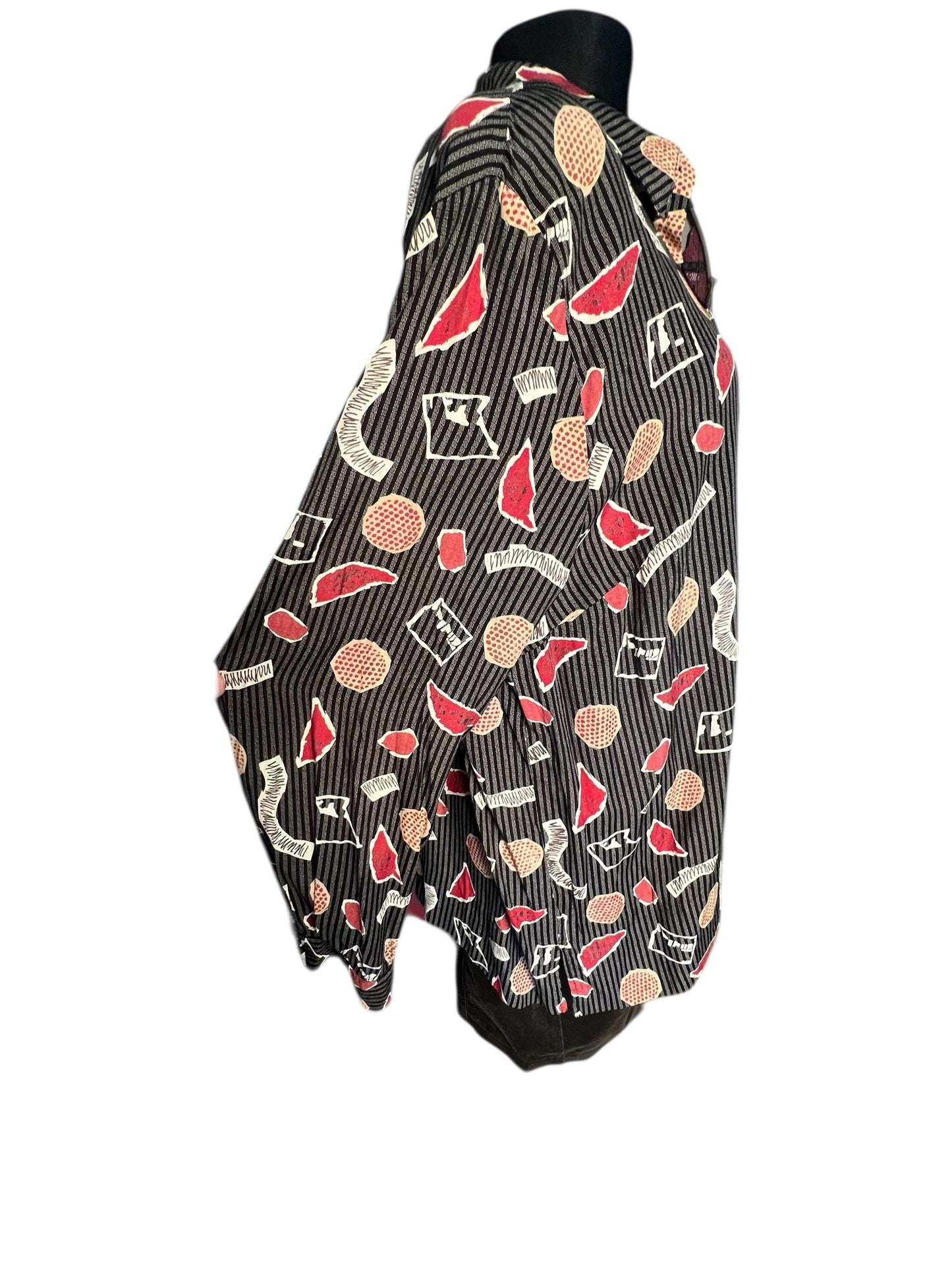 Vintage 80s/90s Oversize Bluse Rio Gr. 48 | Schwarz Grau Rot | Viskose | Statement Pattern