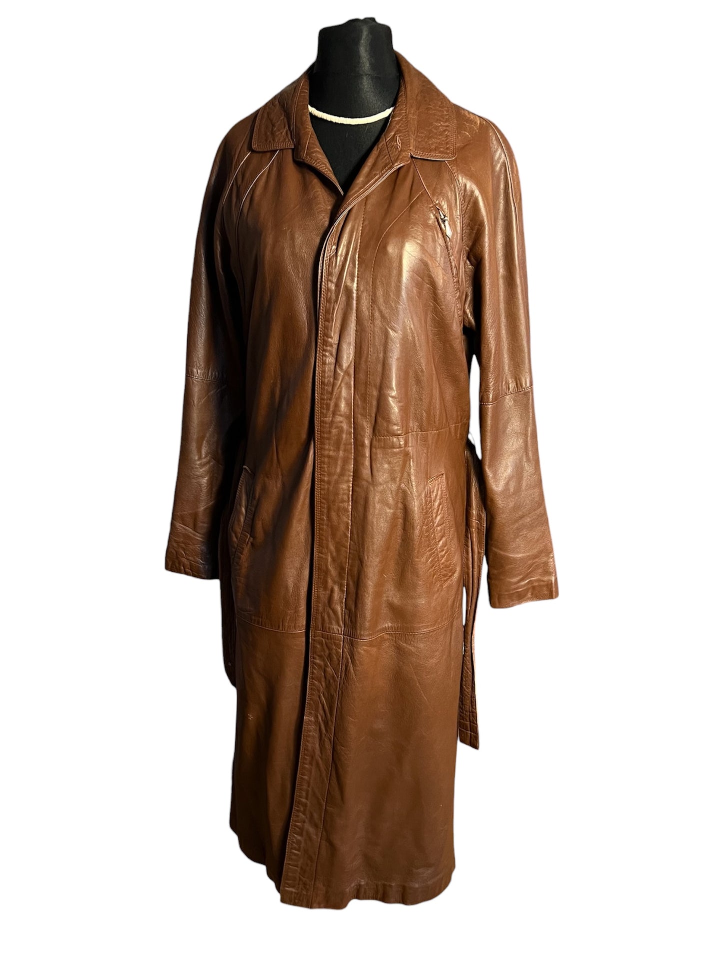 Vintage Ledermantel Cognac Braun Lang | Echtleder Mantel mit Gürtel | Gr. 40 - 42 / M 48 | 90s Retro Trench Mantel Unisex