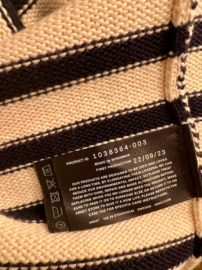 Arket Strickpullover L – Creme Schwarz Gestreift, Knopfleiste, Baumwolle