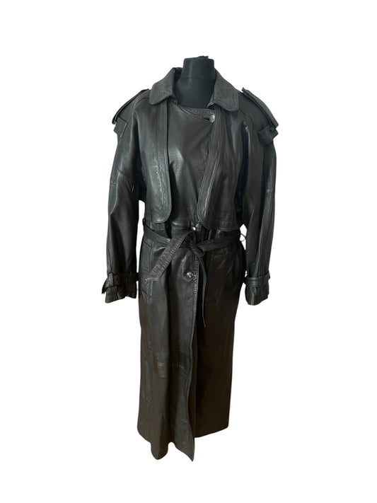 Vintage Leder Mantel Schwarz Echtleder 80s Original Oversized Strong Shoulders Lang Unisex Gr M L Coat