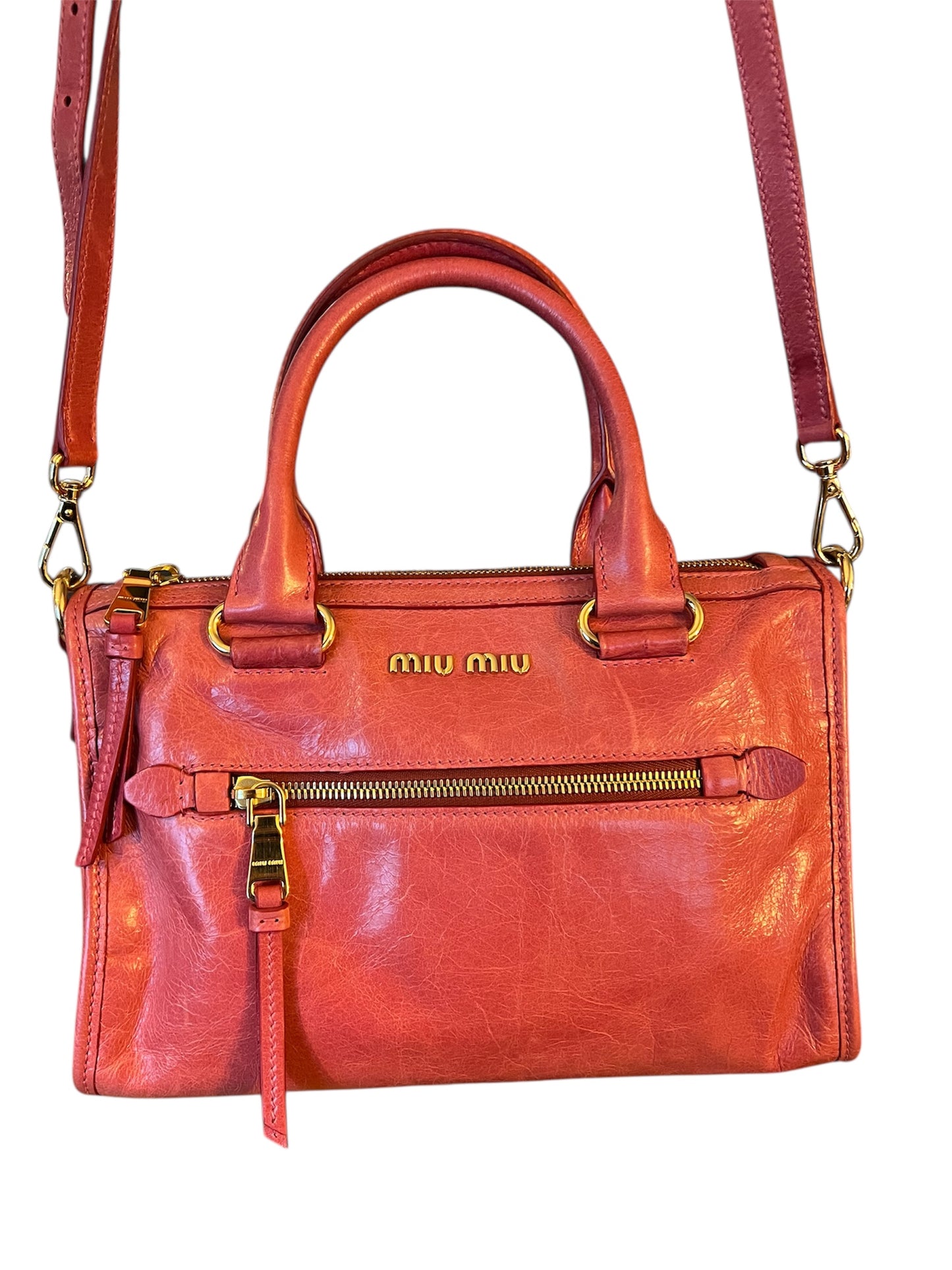 Miu Miu Vitello Shine Schultertasche Himbeer Peonia Leder Designer Bag Original