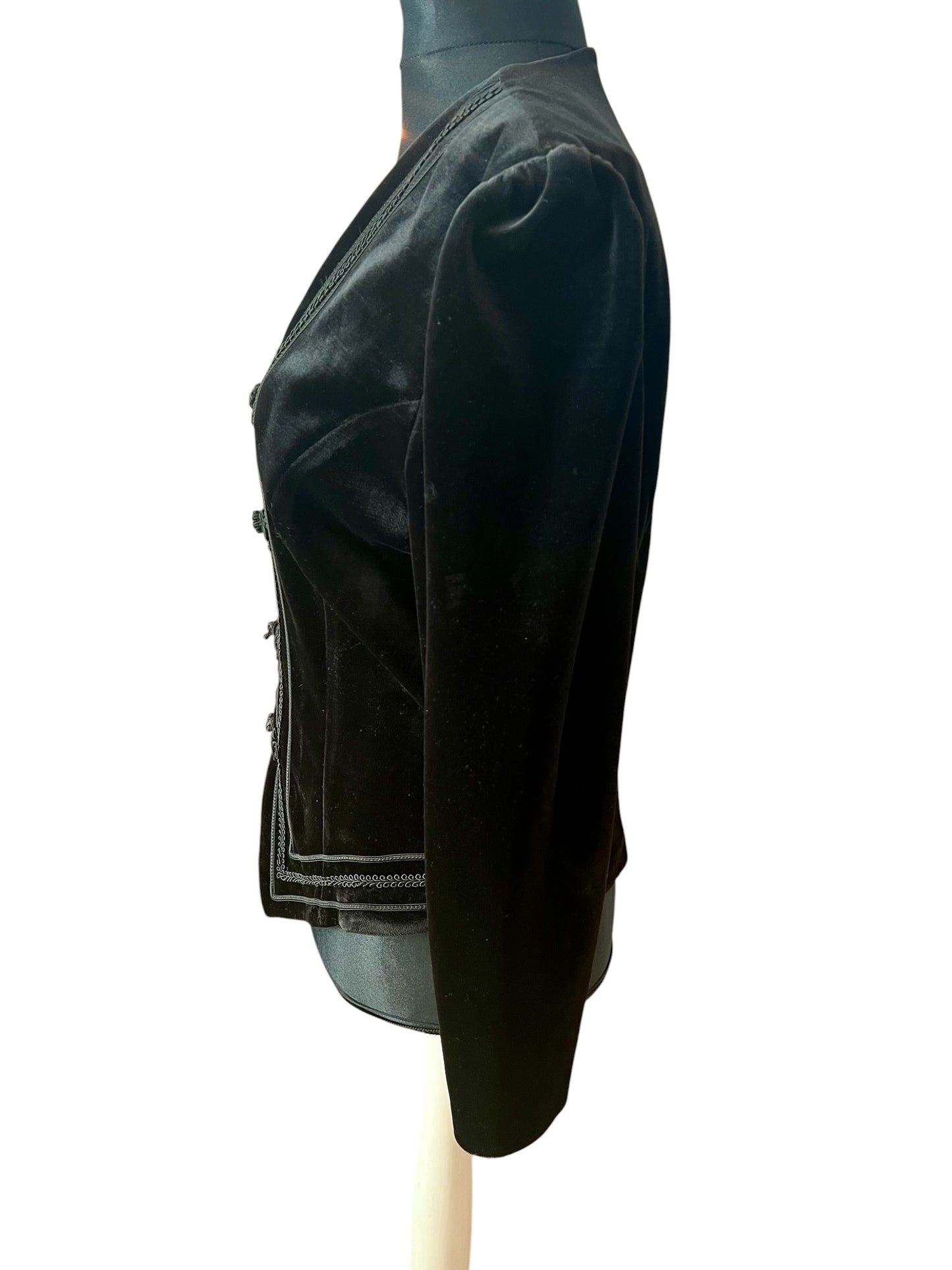 Vintage Vera Mont Samt Jacke 38 40 M Schwarz Gothic Style Tailliert Spitzer Schnitt Bordüre 80s 90s Blazer
