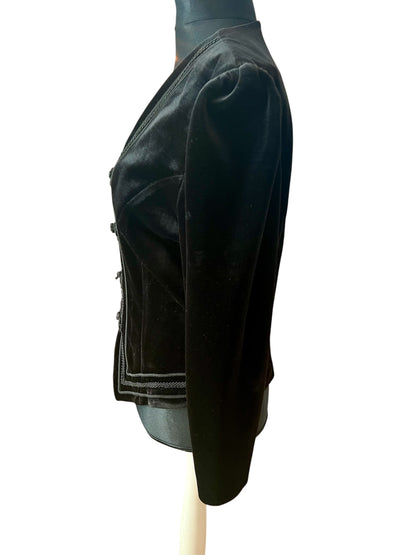 Vintage Vera Mont Samt Jacke 38 40 M Schwarz Gothic Style Tailliert Spitzer Schnitt Bordüre 80s 90s Blazer