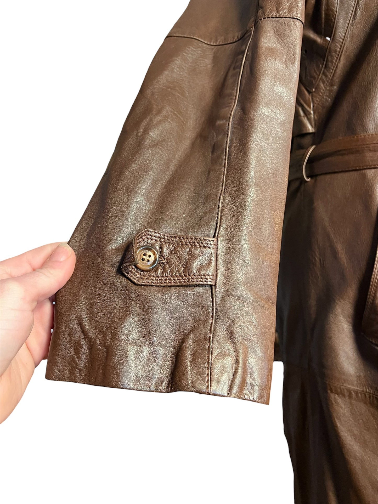 Vintage Ledermantel Cognac Braun Lang | Echtleder Mantel mit Gürtel | Gr. 40 - 42 / M 48 | 90s Retro Trench Mantel Unisex