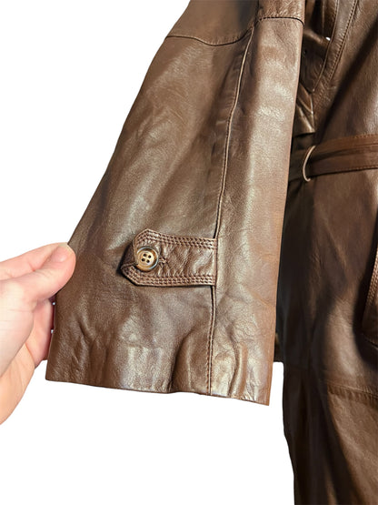 Vintage Ledermantel Cognac Braun Lang | Echtleder Mantel mit Gürtel | Gr. 40 - 42 / M 48 | 90s Retro Trench Mantel Unisex