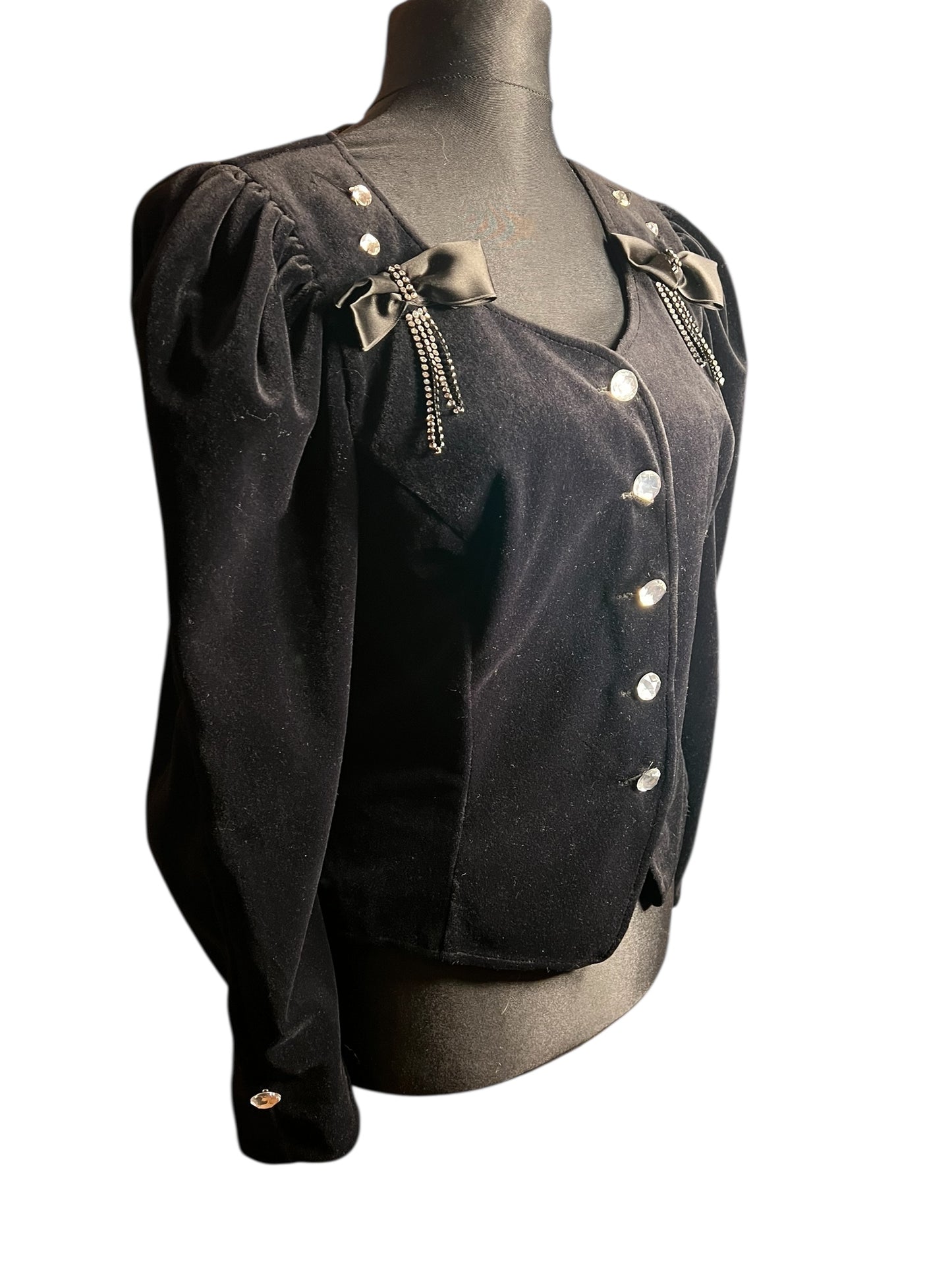 Vintage Samt Blazer 80s Power Shoulder schwarz – Statement Puffärmel – Dorette – Gr. 38–42