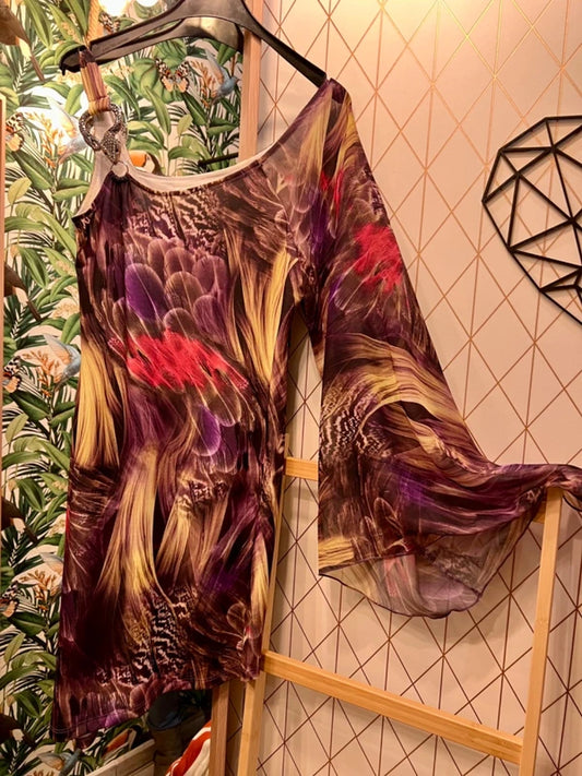 Y2K Vintage Kleid S 36 One Shoulder | Trompetenärmel & Metallschlange | Bunt & Transparent | Snake