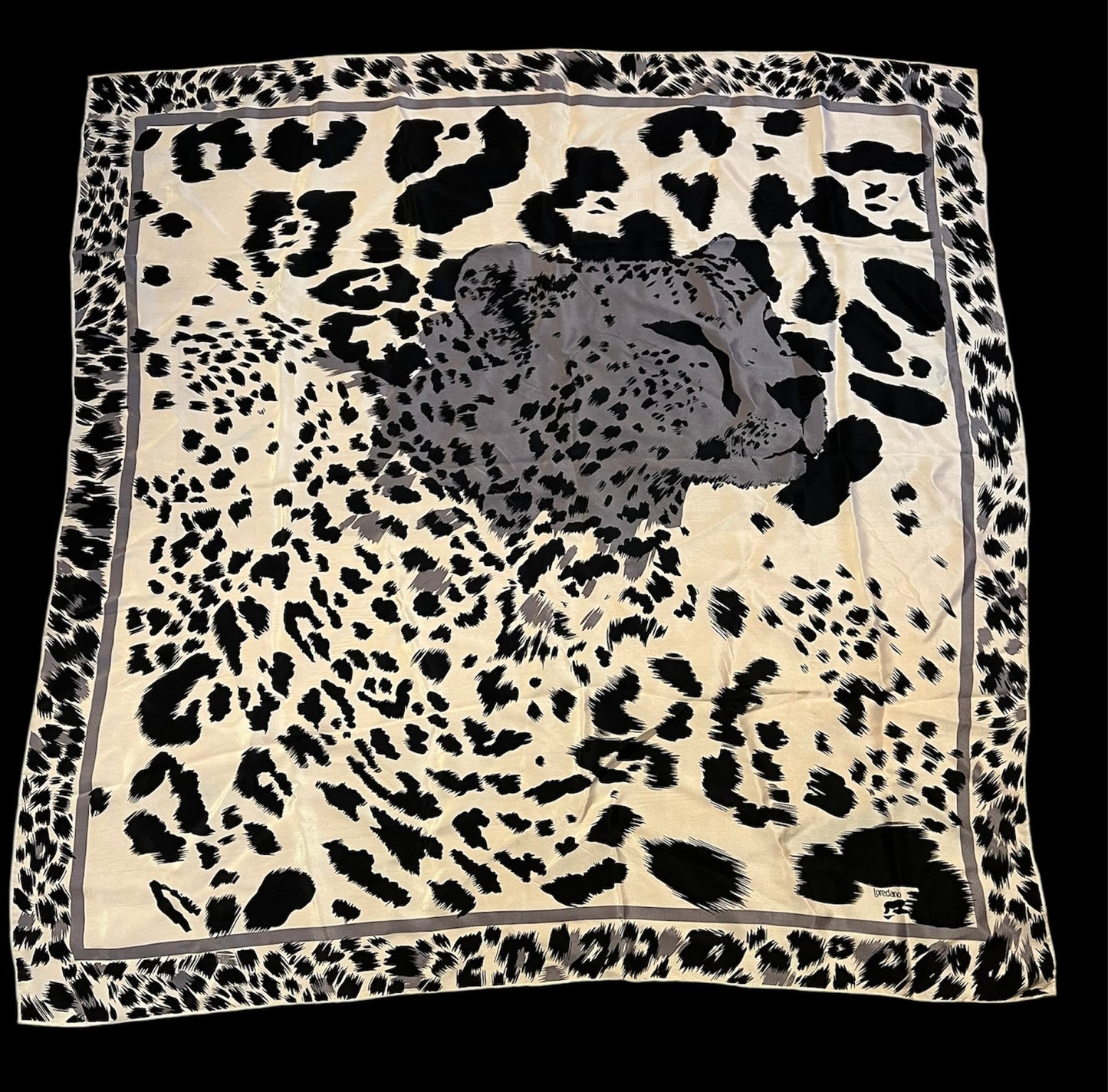 Vintage Loredano Seidentuch 85x85 cm – Leo-Muster Weiß/Grau/Schwarz, großer Leo-Kopf