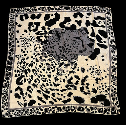 Vintage Loredano Seidentuch 85x85 cm – Leo-Muster Weiß/Grau/Schwarz, großer Leo-Kopf