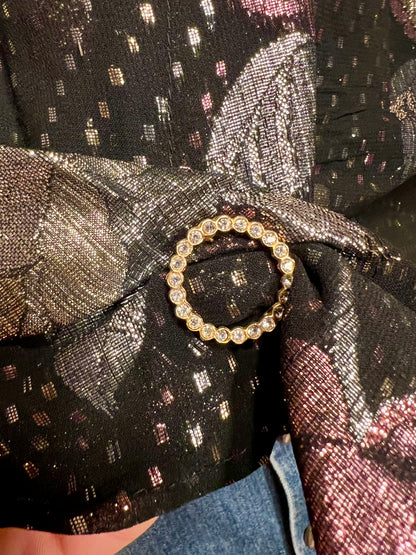 Vintage Glanzbluse Gr. 42 – West Germany – Metallic Blumen – 80s Glam Chic – Schwarz Gold Rosé