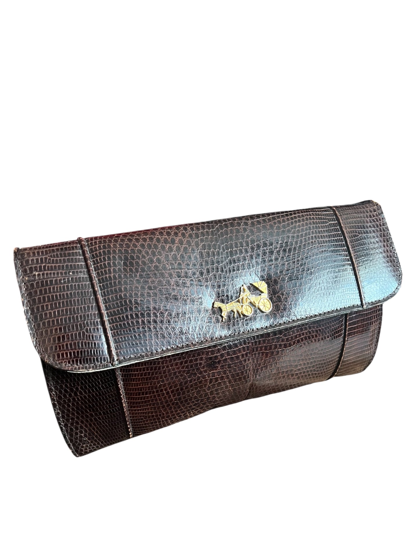 Vintage 80s J. Perez Clutch | Braun Schlangenleder mit gold Kutsche Emblem | Elegante Statement Bag