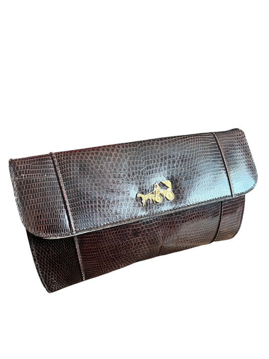 Vintage 80s J. Perez Clutch | Braun Schlangenleder mit goldenem Kutschen-Emblem | Elegante Statement Bag
