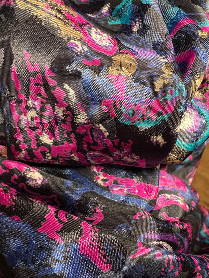 Vintage Tellerrock 80s , Gr 36–42 passend, schwarz pink lila blau bunt gemustert – Midirock schwingend – Statement Rock