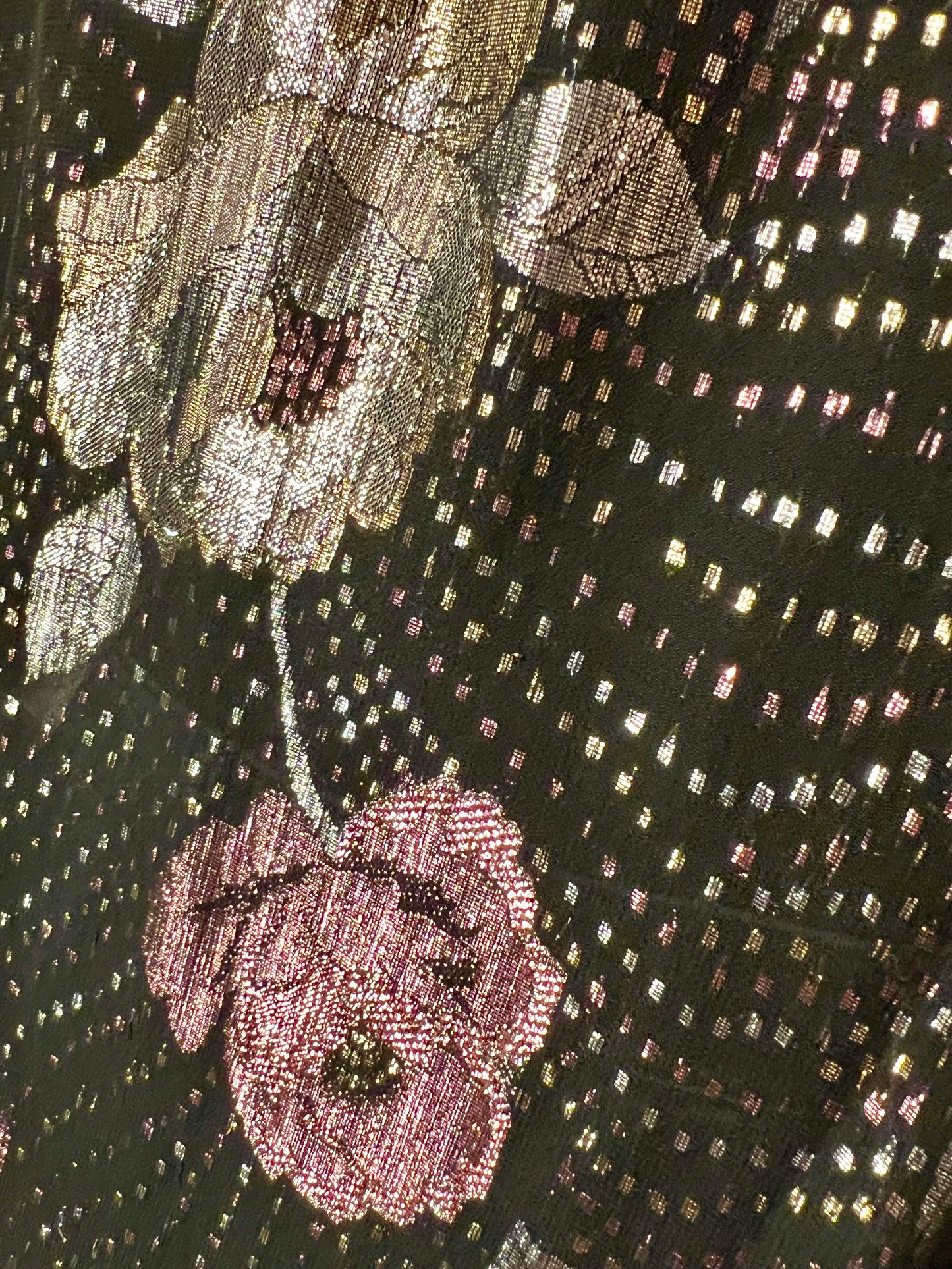 Vintage Glanzbluse Gr. 42 – West Germany – Metallic Blumen – 80s Glam Chic – Schwarz Gold Rosé