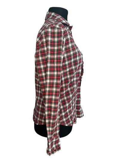 Vintage Bluse B.M. Company Gr. 38 – Dark Academic / Preppy Kariert Rot-Schwarz-Weiß Rüschen