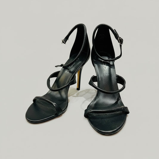 Feel Again black leather stiletto heeled sandals with ankle strap and open toe. Size 39.